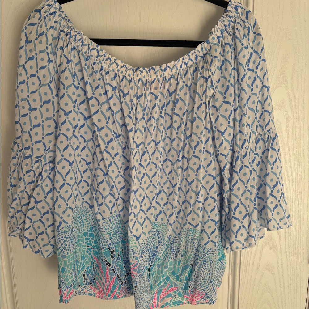 Lilly Pulitzer Blue and Pink Off-Shoulder Blouse